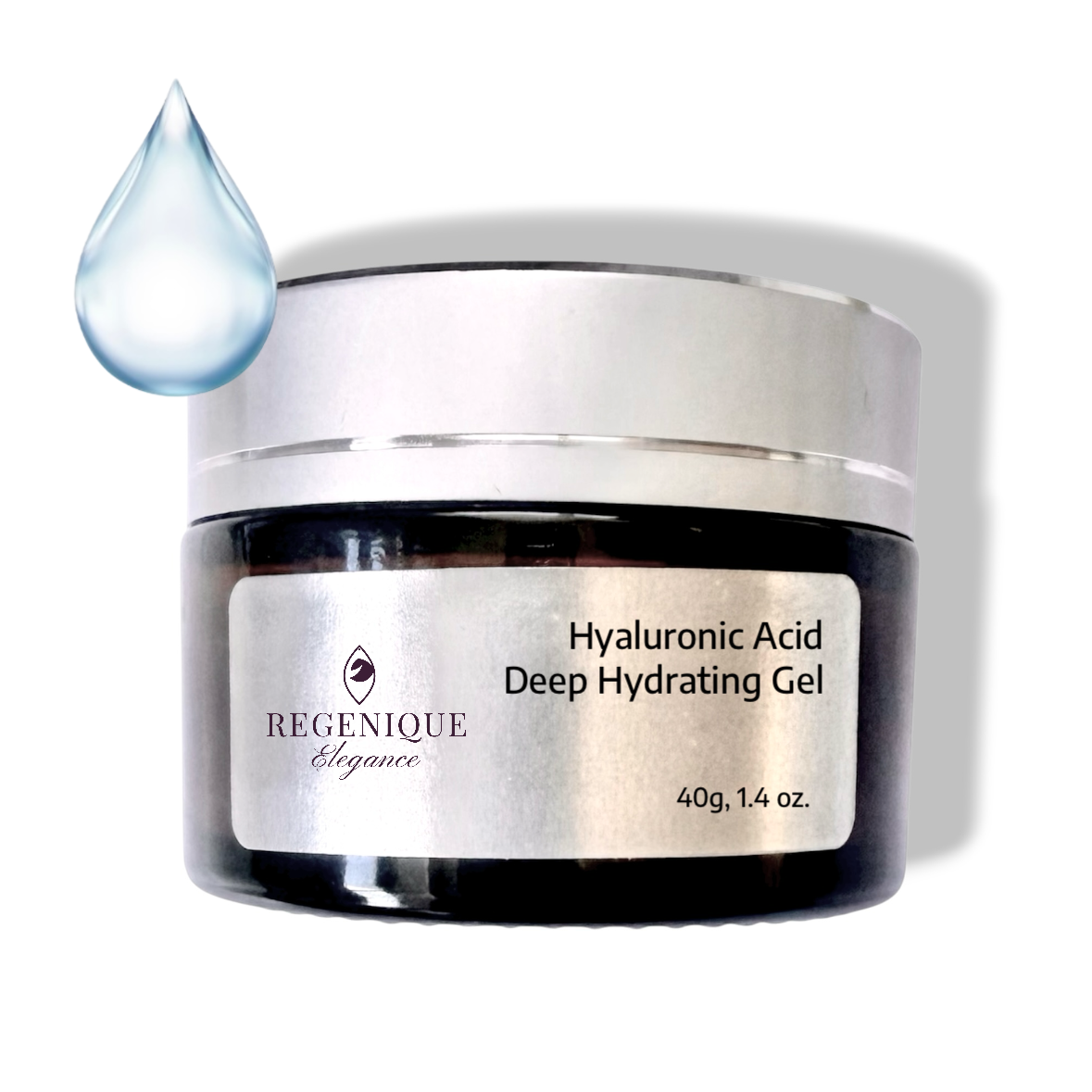 Jar of Regenique Hyaluronic Acid Deep Hydrating Gel with a droplet above it on a white background