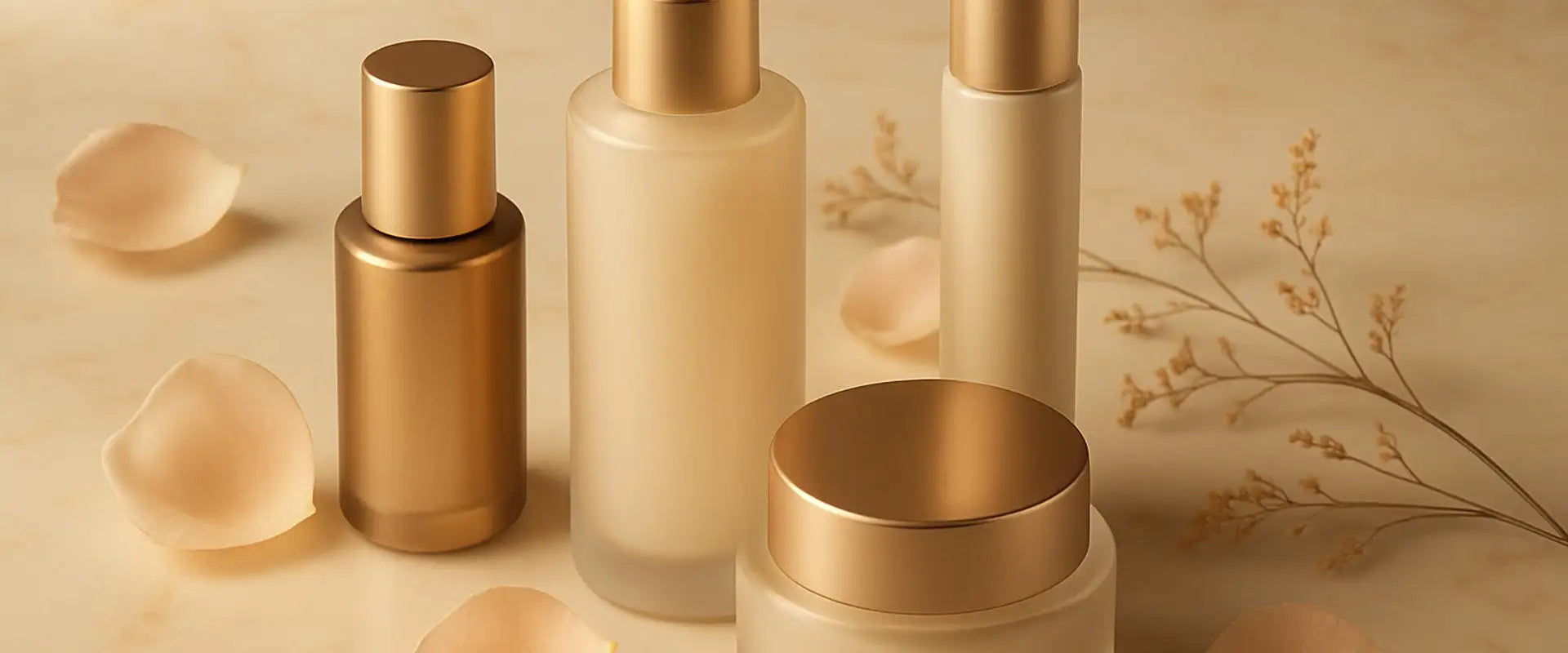 Regenique Elegance luxury skincare collection — premium serums and treatments on an elegant marble surface with gold accents